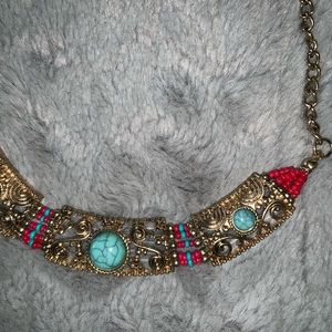 Boho fashion necklace gold red turquoise